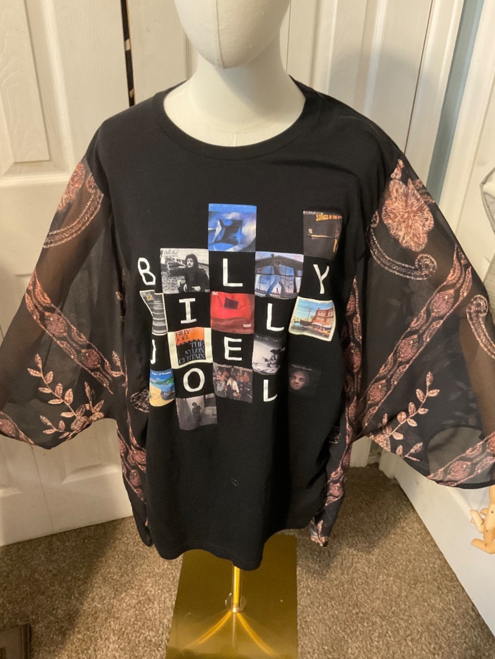 Billy Joel Upcycled T-Shirt with Flowy Printed Sleeves - OSFM